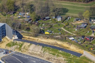 Aerial view, allotment garden site Mellmausland next to the Amazon site on the industrial estate on