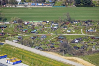 Aerial view, allotment garden site Mellmausland next to the Amazon site on the industrial estate on