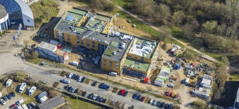 Aerial view, University of Witten / Herdecke, construction site new campus extension in timber