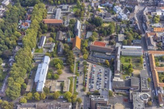 Aerial view, Realschule Mitte and Katholisches Bildungsforum Wesel and St. Martini Church in Wesel,