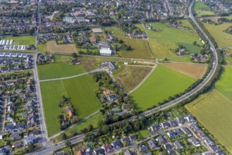Aerial view, construction site and new construction of a kindergarten on Agnes-Neuhaus-Allee in the