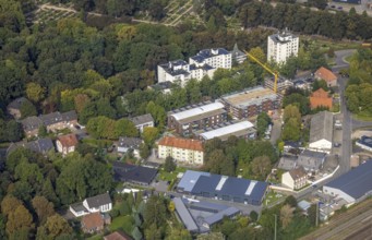 Aerial view, construction site and new construction of rental flats on Isselstraße in Wesel, Lower