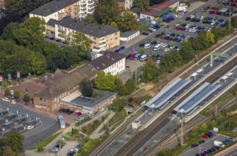 Aerial view, Wesel railway station in Wesel, Lower Rhine, North Rhine-Westphalia, Germany, railway