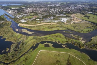 Aerial view, renaturalisation of the Lippe estuary area between Lippeschlösschen and Rhine bridge