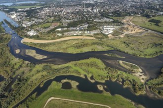 Aerial view, renaturalisation of the Lippe estuary area between Lippeschlösschen and Rhine bridge