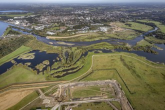 Aerial view, renaturalisation of the Lippe estuary area between Lippeschlösschen and Rhine bridge