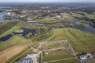 Aerial view, renaturalisation of the Lippe estuary between Lippeschlösschen and Rhine bridge and