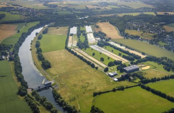 Aerial view, Wasserwerke Westfalen GmbH, river Ruhr with hydropower plant Echthausen, Echthausen,