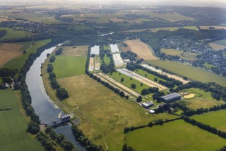 Aerial view, Wasserwerke Westfalen GmbH, river Ruhr with hydropower plant Echthausen, Echthausen,