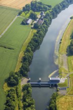 Aerial view, Wasserwerke Westfalen GmbH, river Ruhr with hydropower plant Echthausen, Echthausen,