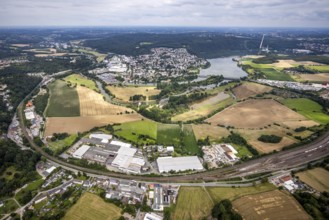 Aerial view, Wetter/Ruhr, a week ago the Ruhr was still flooded at this point, course of the Ruhr,