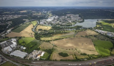 Aerial view, Wetter/Ruhr, a week ago there was still land under water here - the Ruhr was flooding,