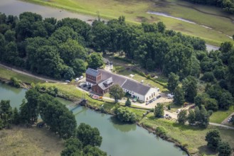 Aerial view, a week ago there was still land under water here - the Ruhr was flooding, course of