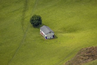 Aerial view, house on a pasture in the Ruhr valley of Wetter, a week ago there was still land under