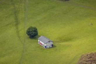 Aerial view, house on a pasture in the Ruhr valley of Wetter, a week ago there was still land under