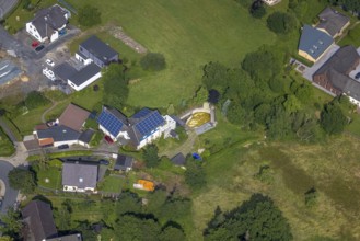 Aerial view, residential house Höhenweg with solar roof and excavation pit, Echthausen, Wickede,