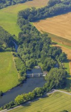 Aerial view, meadows and fields at the river Ruhr and Obergraben Am power plant, Wickede,