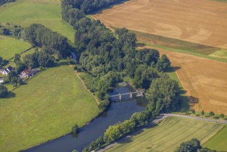 Aerial view, meadows and fields at the river Ruhr and Obergraben Am power plant, Wickede,