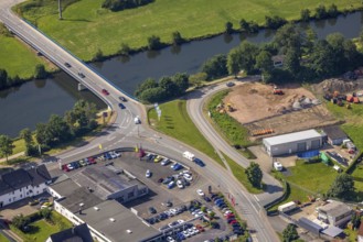 Aerial view, Ruhr bridge federal road 63 over the river Ruhr, construction site on the banks of the