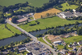 Aerial view, Ruhr bridge federal road 63 over the river Ruhr, construction site on the banks of the