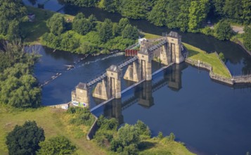 Aerial view, hydroelectric power station on the Ruhr river, Echthausen, Wickede, Sauerland, North
