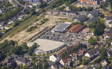 Aerial view, Edeka and Aldi supermarket, redevelopment of the brownfield site Bernhard-farmer-Park