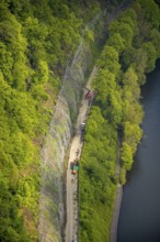 Aerial photo, rock protection fences and construction work on the closed cycling and hiking trail