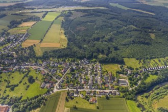 Aerial view, forest area Wetterberg Westerheide and town view Echthausen, Wickede, Sauerland, North
