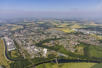 Aerial view, local view Wickede, outdoor swimming pool Wickede and river Ruhr, Wickede, Sauerland,