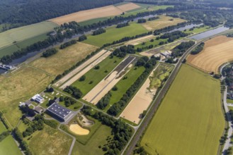 Aerial view, Wasserwerke Westfalen GmbH, river Ruhr with hydropower plant Echthausen, Echthausen,