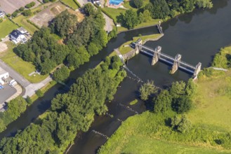 Aerial view, hydroelectric power station on the Ruhr river, Echthausen, Wickede, Sauerland, North