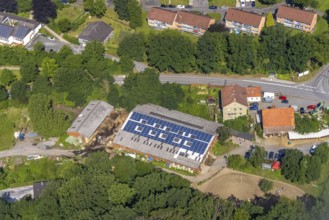 Aerial view, indoor riding arena riding club Birkenbaum with solar roof, Wickede, Sauerland, North