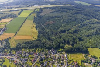 Aerial view, forest area Wetterberg Westerheide and town view Echthausen, Wickede, Sauerland, North