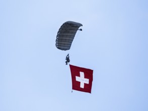 Paraglider, parachutist, military, parade, Axalp, Swiss army, Swiss air force, Swiss flag, Swiss
