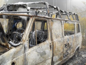 Bulli wreck after an arson attack. Burnt out on the roadside