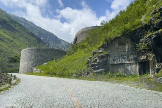Part of southern ascent of south ramp of historic Gotthard pass road Tremola with cobblestones, in