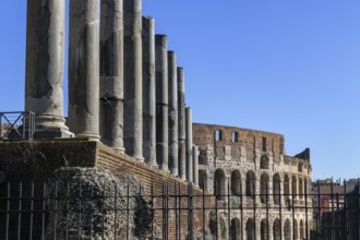 View past columns of Temple of Venus Temple of Venus on facade of upper tiers of Colosseum, Rome,