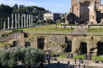 Foundations of the substructure of the Temple of Venus and Roma, Arch of Titus on the left in the