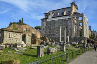 In the background, former temple of Antoninus and Faustina with columns made of Cipollin marble