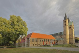Romanesque Monastery of Our Lady with twin towers and art museum, light atmosphere, Magdeburg,