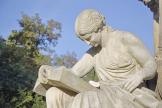 Seated white female figure reading a thick book as a symbol of science, allegory, knowledge,