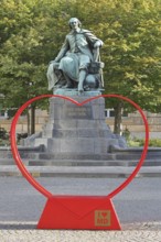 Red heart with I like MD and Otto von Guericke Fountain, monument, sculpture, inscription, view,