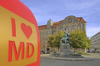 Red heart with I like MD and Otto von Guericke Fountain, monument, sculpture, inscription,