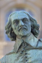 Head of the physicist Otto von Guericke, fountain, monument, bronze sculpture, detail, Hauptwache,