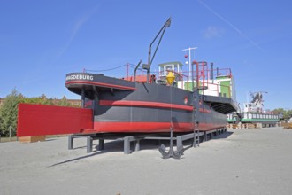 Historic ship Taucherschacht II built in 1898, rudder, stern, open-air museum, ship museum, museum