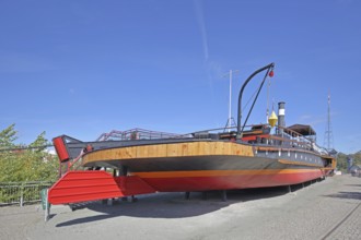 Historic tugboat Gustav Zeuner built in 1894, steamer, tugboat, stern, rudder, open-air museum,