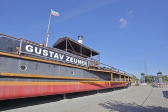 Historic tugboat Gustav Zeuner built in 1894, steamer, tugboat, open-air museum, inscription, ship