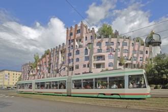 Green Citadel, Hundertwasser House and tram, local transport, Magdeburg, Saxony-Anhalt, Germany