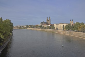 Cityscape with gothic cathedral, romanesque monastery Unser Lieben Frauen and Elbe, church towers,
