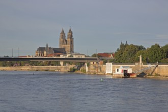 Cityscape with Gothic cathedral and New River Bridge, Elbe riverbank, Elbe, Magdeburg Cathedral, St